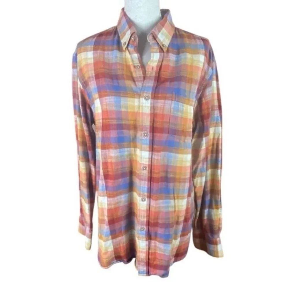 Rowm Mens Red Yellow Plaid Long Sleeve Button Down Shirt Large